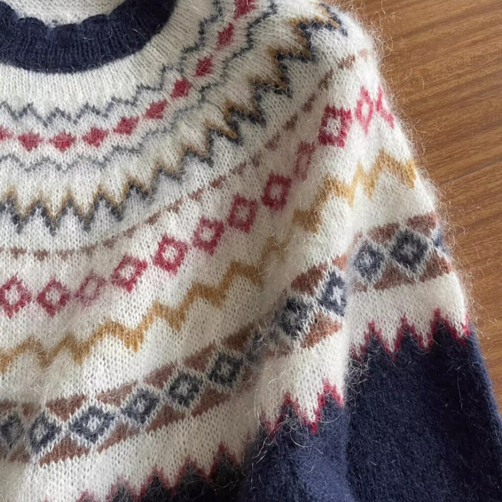 Doen Harvest Mohair Wool Cashmere Knit Print Sweater Top Navy Oslo Fair Isle L - Picture 4 of 8